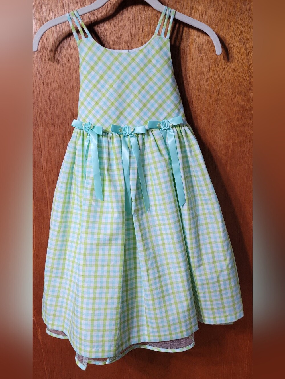 Bonnie Jean Girls Size 6 Green & Blue Plaid Sundress with Ribbon Detail (0974)